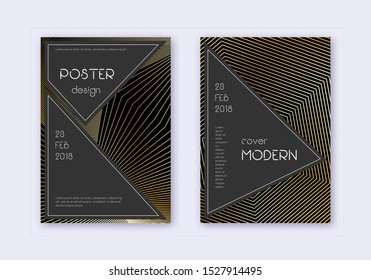 Black cover design template set. Gold abstract lines on black background. Actual cover design. Bewitching catalog, poster, book template etc.