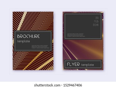 Black cover design template set. Gold abstract lines on maroon background. Alluring cover design. Fascinating catalog, poster, book template etc.