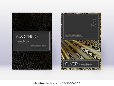 Black cover design template set. Gold abstract lines on black background. Alluring cover design. Astonishing catalog, poster, book template etc.