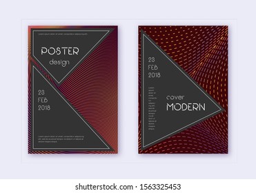 Black cover design template set. Orange abstract lines on wine-red background. Adorable cover design. Breathtaking catalog, poster, book template etc.
