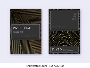 Black cover design template set. Gold abstract lines on black background. Alluring cover design. Amusing catalog, poster, book template etc.