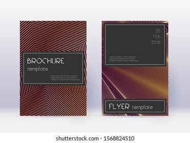 Black cover design template set. Gold abstract lines on maroon background. Alluring cover design. Comely catalog, poster, book template etc.