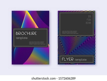 Black cover design template set. Rainbow abstract lines on dark blue background. Amazing cover design. Precious catalog, poster, book template etc.