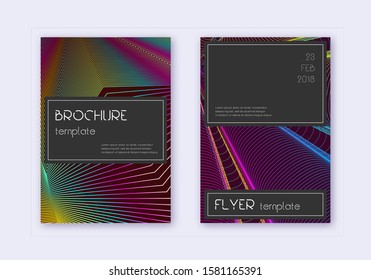 Black cover design template set. Rainbow abstract lines on wine red background. Adorable cover design. Noteworthy catalog, poster, book template etc.