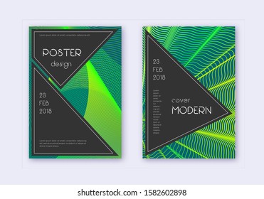 Black cover design template set. Green abstract lines on dark background. Actual cover design. Sightly catalog, poster, book template etc.