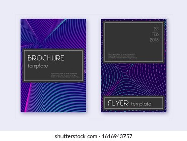 Black cover design template set. Neon abstract lines on dark blue background. Alluring cover design. Surprising catalog, poster, book template etc.