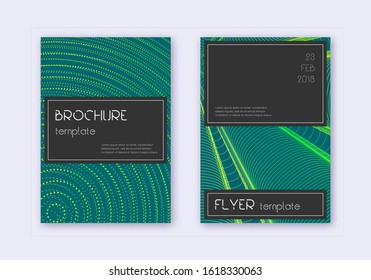 Black cover design template set. Green abstract lines on dark background. Alluring cover design. Outstanding catalog, poster, book template etc.