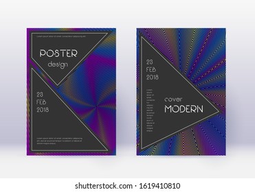 Black cover design template set. Rainbow abstract lines on dark blue background. Adorable cover design. Extra catalog, poster, book template etc.