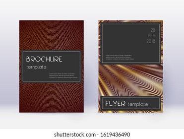 Black cover design template set. Gold abstract lines on maroon background. Alluring cover design. Exceptional catalog, poster, book template etc.