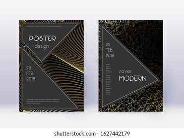 Black cover design template set. Gold abstract lines on black background. Actual cover design. Amazing catalog, poster, book template etc.