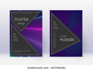 Black cover design template set. Neon abstract lines on dark blue background. Admirable cover design. Fancy catalog, poster, book template etc.