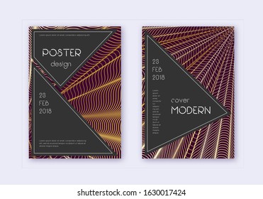 Black cover design template set. Gold abstract lines on maroon background. Actual cover design. Overwhelming catalog, poster, book template etc.