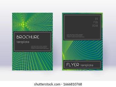 Conjunto de plantillas de diseño de cubierta negra. Líneas abstractas verdes sobre fondo oscuro. Diseño de portada atractivo. Catálogo, afiche, plantilla de libro, etc.