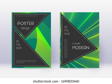 Black cover design template set. Green abstract lines on dark background. Actual cover design. Uncommon catalog, poster, book template etc.