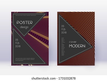 Black cover design template set. Gold abstract lines on maroon background. Actual cover design. Popular catalog, poster, book template etc.