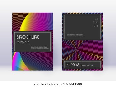 Designvorlage für die schwarze Abdeckung. Rainbow abstrakte Linien auf weinrotem Hintergrund. Das beeindruckende Cover-Design. Atemberaubender Katalog, Poster, Buchvorlage etc.