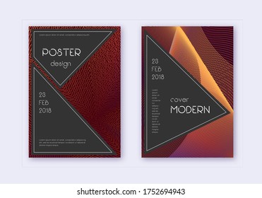Conjunto de plantillas de diseño de cubierta negra. Líneas abstractas naranjas sobre fondo de color rojo. Admirable diseño de portada. Catálogo maravilloso, afiche, plantilla de libro, etc.