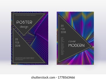 Designvorlage für die schwarze Abdeckung. Abstrakte Regenbogen-Linien auf dunkelblauem Hintergrund. Angenehmes Cover-Design. Idealer Katalog, Poster, Buchvorlage etc.