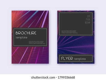 Black cover design template set. Violet abstract lines on dark background. Amusing cover design. Sublime catalog, poster, book template etc.