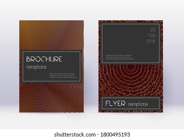 Black cover design template set. Gold abstract lines on maroon background. Alluring cover design. Delightful catalog, poster, book template etc.