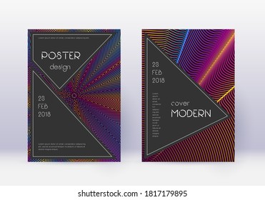 Black cover design template set. Rainbow abstract lines on wine red background. Adorable cover design. Posh catalog, poster, book template etc.