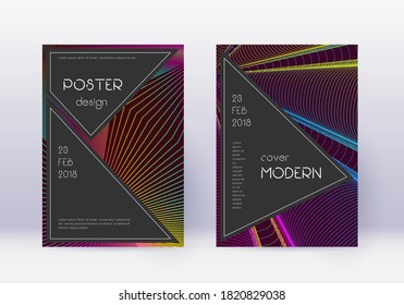Black cover design template set. Rainbow abstract lines on wine red background. Adorable cover design. Nice catalog, poster, book template etc.