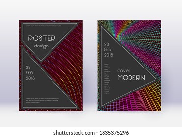 Black cover design template set. Rainbow abstract lines on wine red background. Adorable cover design. Immaculate catalog, poster, book template etc.