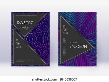 Conjunto de plantillas de diseño de cubierta negra. Líneas abstractas neón sobre fondo azul oscuro. Admirable diseño de portada. Catálogo adicional, póster, plantilla de libro, etc.