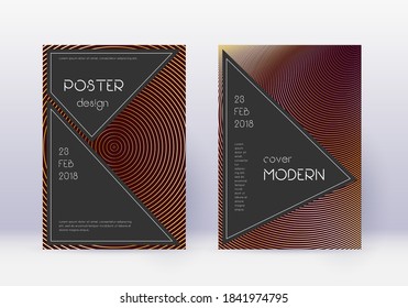 Black cover design template set. Gold abstract lines on maroon background. Actual cover design. Impressive catalog, poster, book template etc.