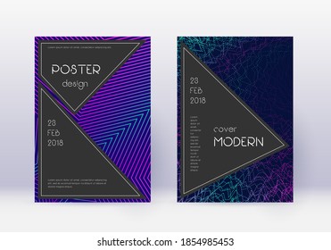 Conjunto de plantillas de diseño de cubierta negra. Líneas abstractas neón sobre fondo azul oscuro. Admirable diseño de portada. Encantador catálogo, afiche, plantilla de libro, etc.