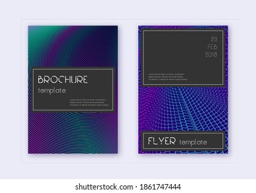Black cover design template set. Neon abstract lines on dark blue background. Amazing cover design. Creative catalog, poster, book template etc.