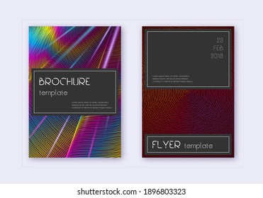 Black cover design template set. Rainbow abstract lines on wine red background. Amusing cover design. Actual catalog, poster, book template etc.