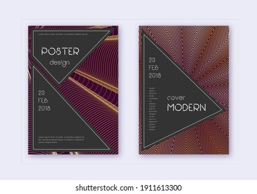Black cover design template set. Gold abstract lines on maroon background. Actual cover design. Posh catalog, poster, book template etc.