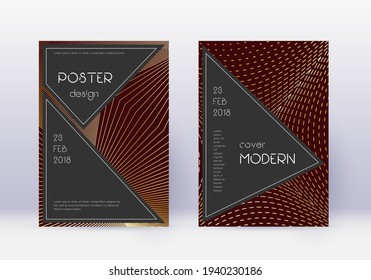 Black cover design template set. Gold abstract lines on maroon background. Actual cover design. Favorable catalog, poster, book template etc.