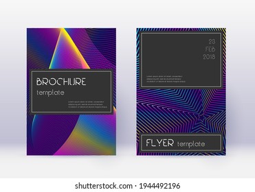 Black cover design template set. Rainbow abstract lines on dark blue background. Amazing cover design. Nice catalog, poster, book template etc.