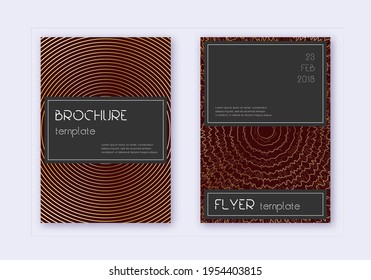 Black cover design template set. Gold abstract lines on maroon background. Alluring cover design. Delicate catalog, poster, book template etc.