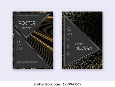 Black cover design template set. Gold abstract lines on black background. Actual cover design. Beauteous catalog, poster, book template etc.