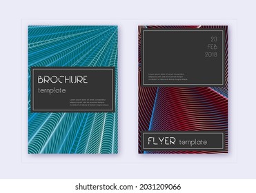 Black cover design template set. Red white blue abstract lines on dark background. Amusing cover design. Indelible catalog, poster, book template etc.