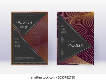 Black cover design template set. Gold abstract lines on maroon background. Actual cover design. Juicy catalog, poster, book template etc.