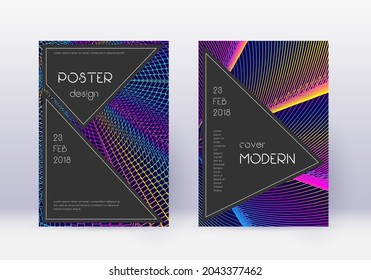 Designvorlage für die schwarze Abdeckung. Abstrakte Regenbogen-Linien auf dunkelblauem Hintergrund. Angenehmes Cover-Design. Klassischer Katalog, Poster, Buchvorlage etc.