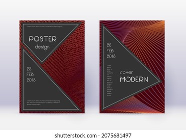 Conjunto de plantillas de diseño de cubierta negra. Líneas abstractas naranjas sobre fondo de color rojo. Admirable diseño de portada. Catálogo sorprendente, afiche, plantilla de libro, etc.