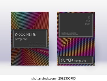 Black cover design template set. Rainbow abstract lines on wine red background. Amusing cover design. Bizarre catalog, poster, book template etc.