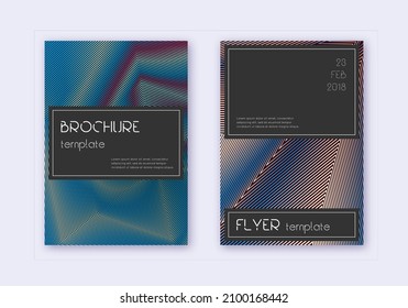 Conjunto de plantillas de diseño de cubierta negra. Líneas abstractas de color azul rojo sobre fondo oscuro. Divertido diseño de portada. Impresionante catálogo, afiche, plantilla de libro, etc.
