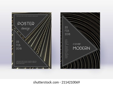 Black cover design template set. Gold abstract lines on black background. Actual cover design. Elegant catalog, poster, book template etc.