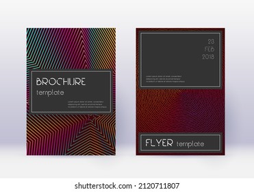 Conjunto de plantillas de diseño de cubierta negra. Líneas abstractas del arcoiris sobre fondo rojo del vino. Increíble diseño de portada. Valioso catálogo, afiche, plantilla de libro, etc.