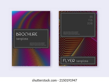 Designvorlage für die schwarze Abdeckung. Abstrakte Regenbogen-Linien auf weinrotem Hintergrund. Beeindruckendes Cover-Design. Stylische Kataloge, Poster, Buchvorlage etc.