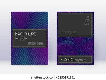 Black cover design template set. Neon abstract lines on dark blue background. Amazing cover design. Bewitching catalog, poster, book template etc.