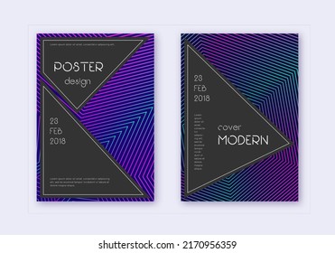 Conjunto de plantillas de diseño de cubierta negra. Líneas abstractas neón sobre fondo azul oscuro. Admirable diseño de portada. Catálogo, afiche, plantilla de libro, etc.