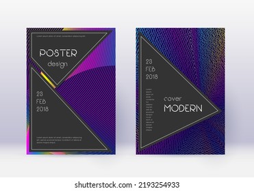 Designvorlage für die schwarze Abdeckung. Abstrakte Regenbogen-Linien auf dunkelblauem Hintergrund. Angenehmes Cover-Design. Exotischer Katalog, Poster, Buchvorlage etc.