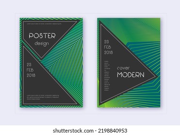 Black cover design template set. Green abstract lines on dark background. Actual cover design. Radiant catalog, poster, book template etc.